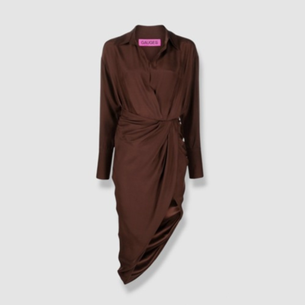 GAUGE81 Puno Brown Draped Silk Midi Dress XS NWT Designer Italy